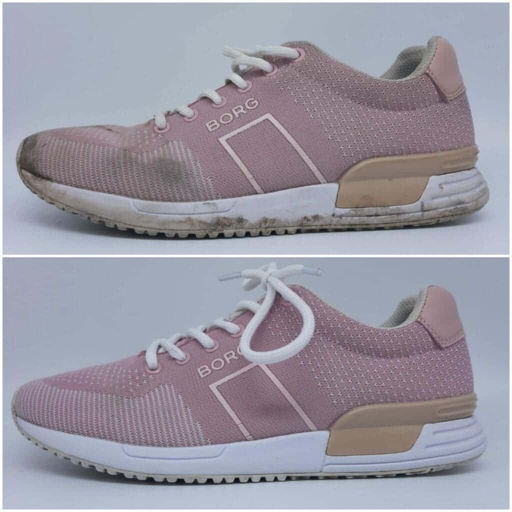 Vlekken uit sneakers en schoenen verwijderen (complete gids) 10 Schoonmaak van roze sport sneakers met Borc logo, fris en schoon uiterlijk.