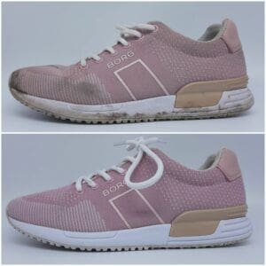 Schoonmaak van roze sport sneakers met Borc logo, fris en schoon uiterlijk.