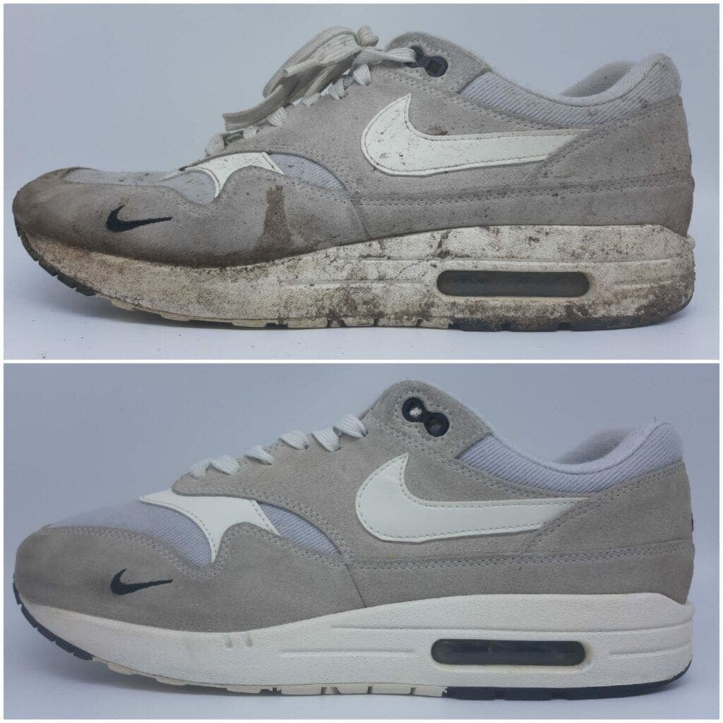 Vlekken uit sneakers en schoenen verwijderen (complete gids) 11 Voor en na foto van schoenreiniging van versleten sneakers, zichtbaar verschil in uiterlijk.