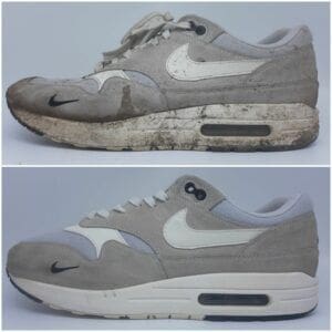 Voor en na foto van schoenreiniging van versleten sneakers, zichtbaar verschil in uiterlijk.