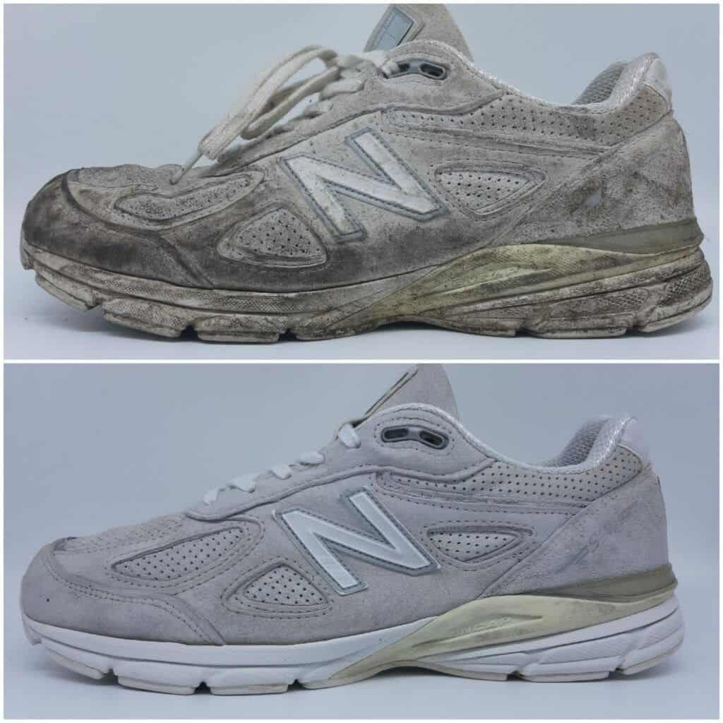 Vlekken uit sneakers en schoenen verwijderen (complete gids) 12 Voor- en na foto van een schoenreinigingsproces van een versleten en een schoen die weer als nieuw i.