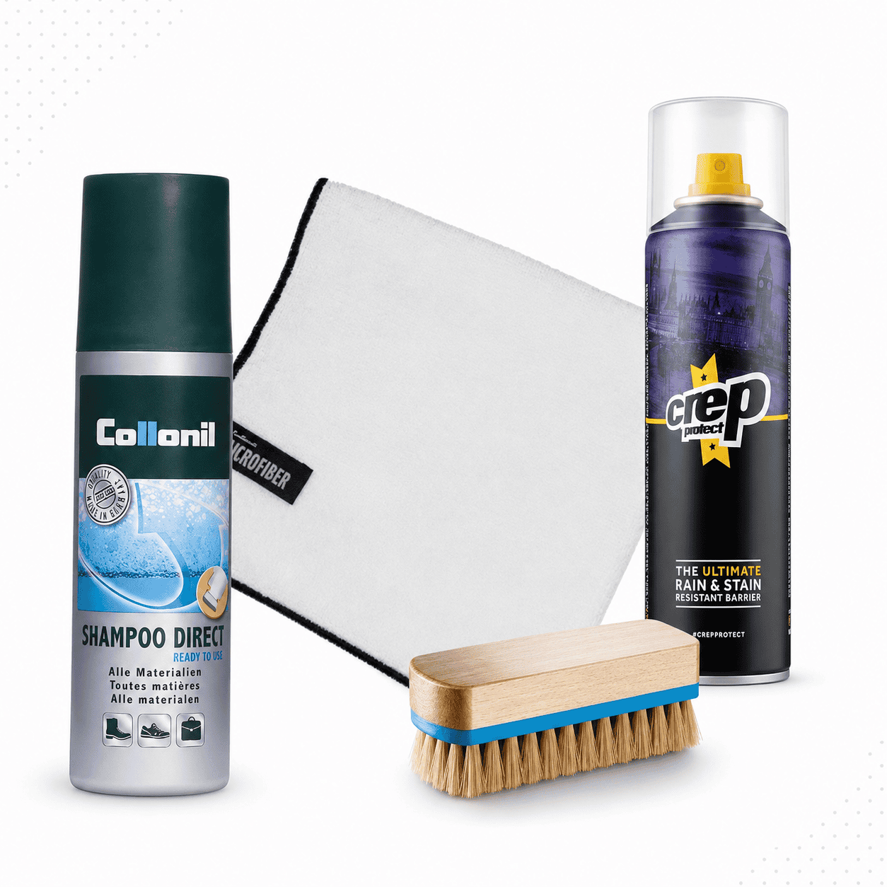 Schoonmaakset voor pet met spray, borstel en spons voor grondige reiniging.