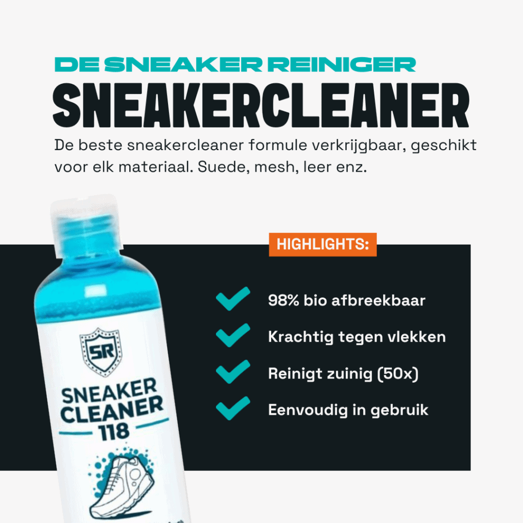 Vlekken uit sneakers en schoenen verwijderen (complete gids) 8 Sneaker reiniger fles met schoenreinigingsmiddel voor sneakers en sportschoenen.
