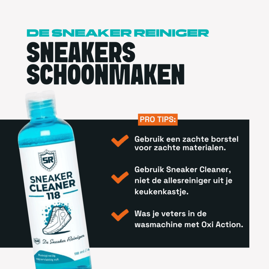 Vlekken uit sneakers en schoenen verwijderen (complete gids) 6 Sneaker reiniger fles met schoonmaaktips voor sneakers en zachte borstels.