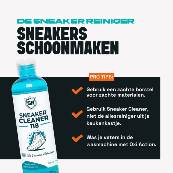 Sneaker reiniger fles met schoonmaaktips voor sneakers en zachte borstels.