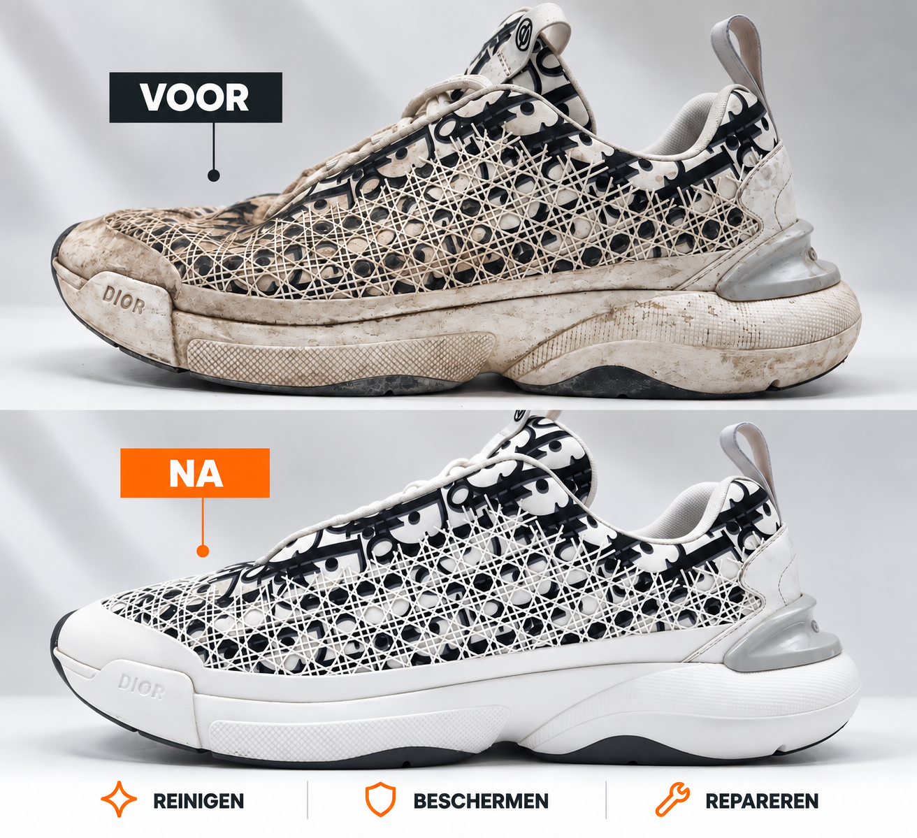 Dior-sneakers voor en na het reinigen