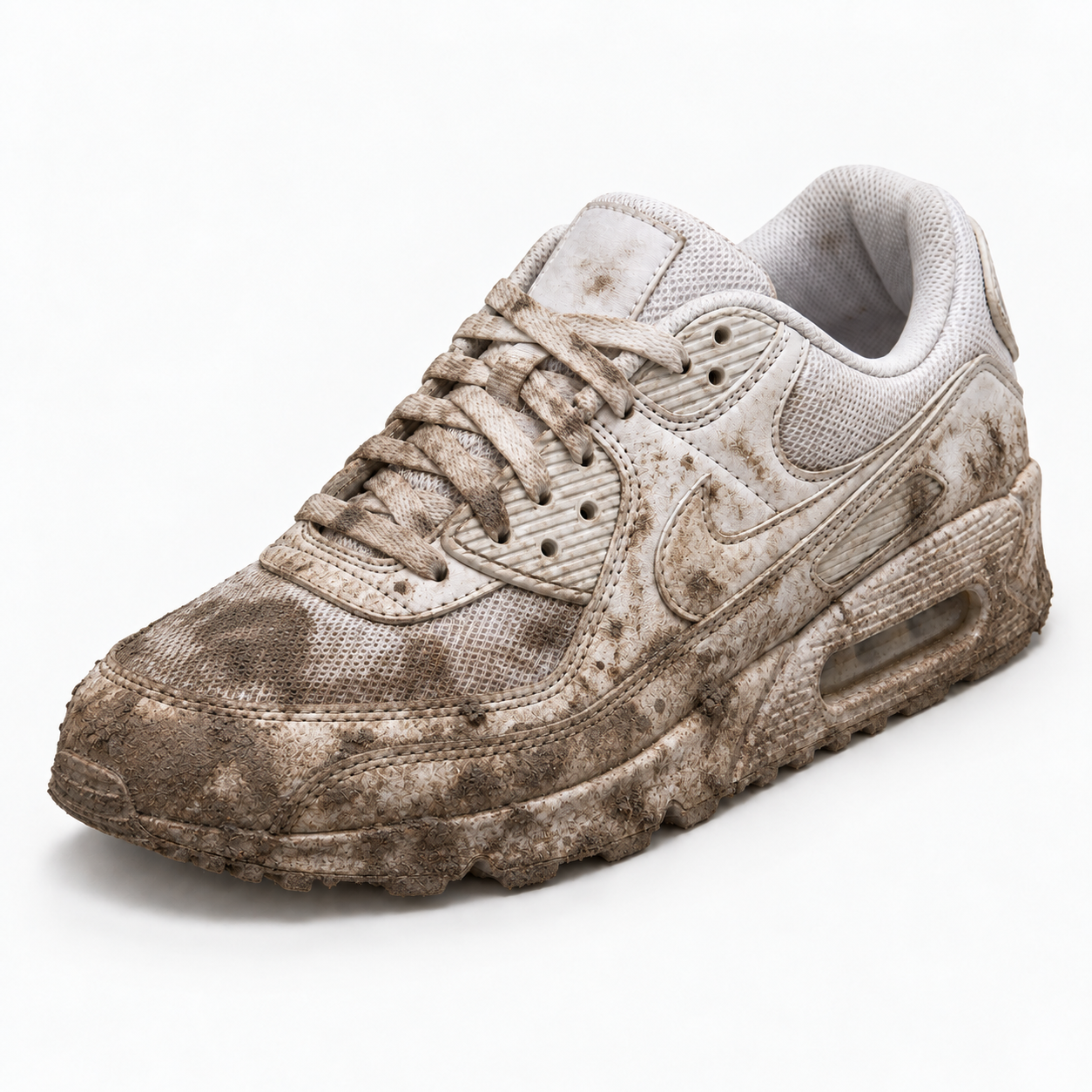 Sneakers schoonmaken, sneakers weer als nieuw 8 Witte Air Max met zware aangekoekte vervuiling op bovenwerk en zoolranden