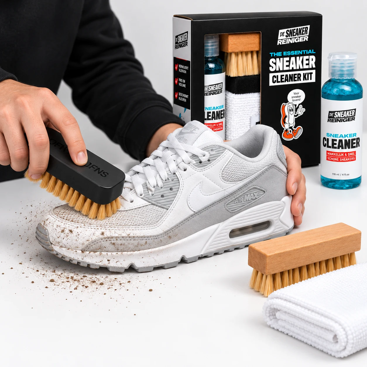 Met de zwarte zachte DFNS-borstel los vuil van een Air Max verwijderen