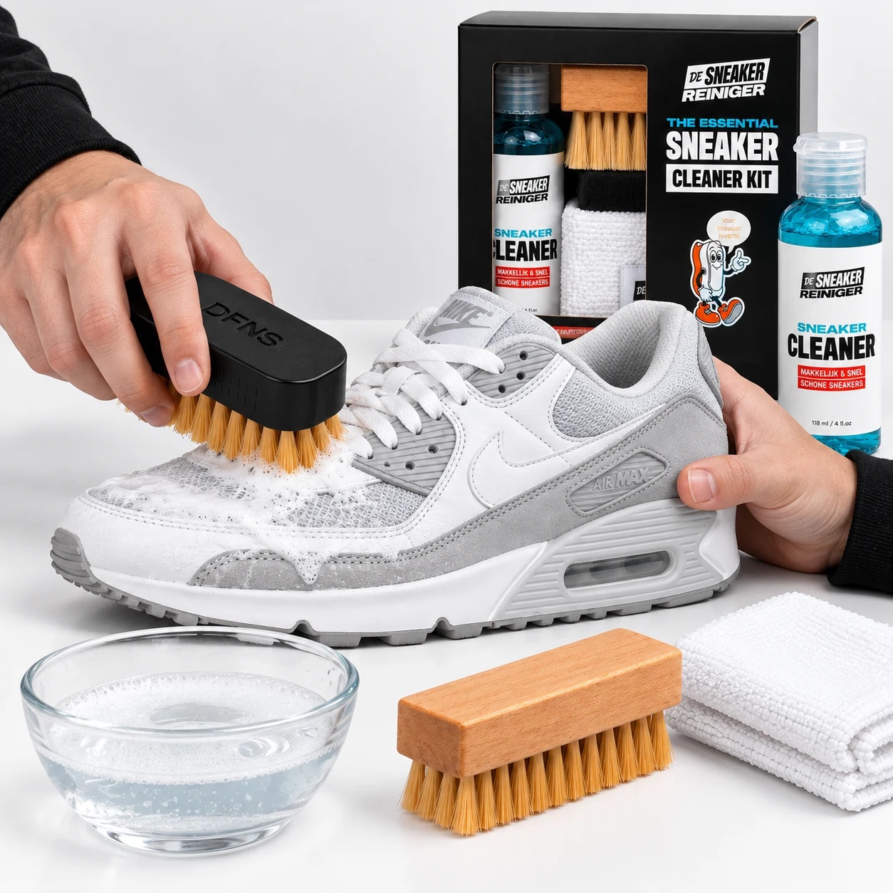 Met de zachte DFNS-borstel en cleaner de bovenkant van een Air Max reinigen