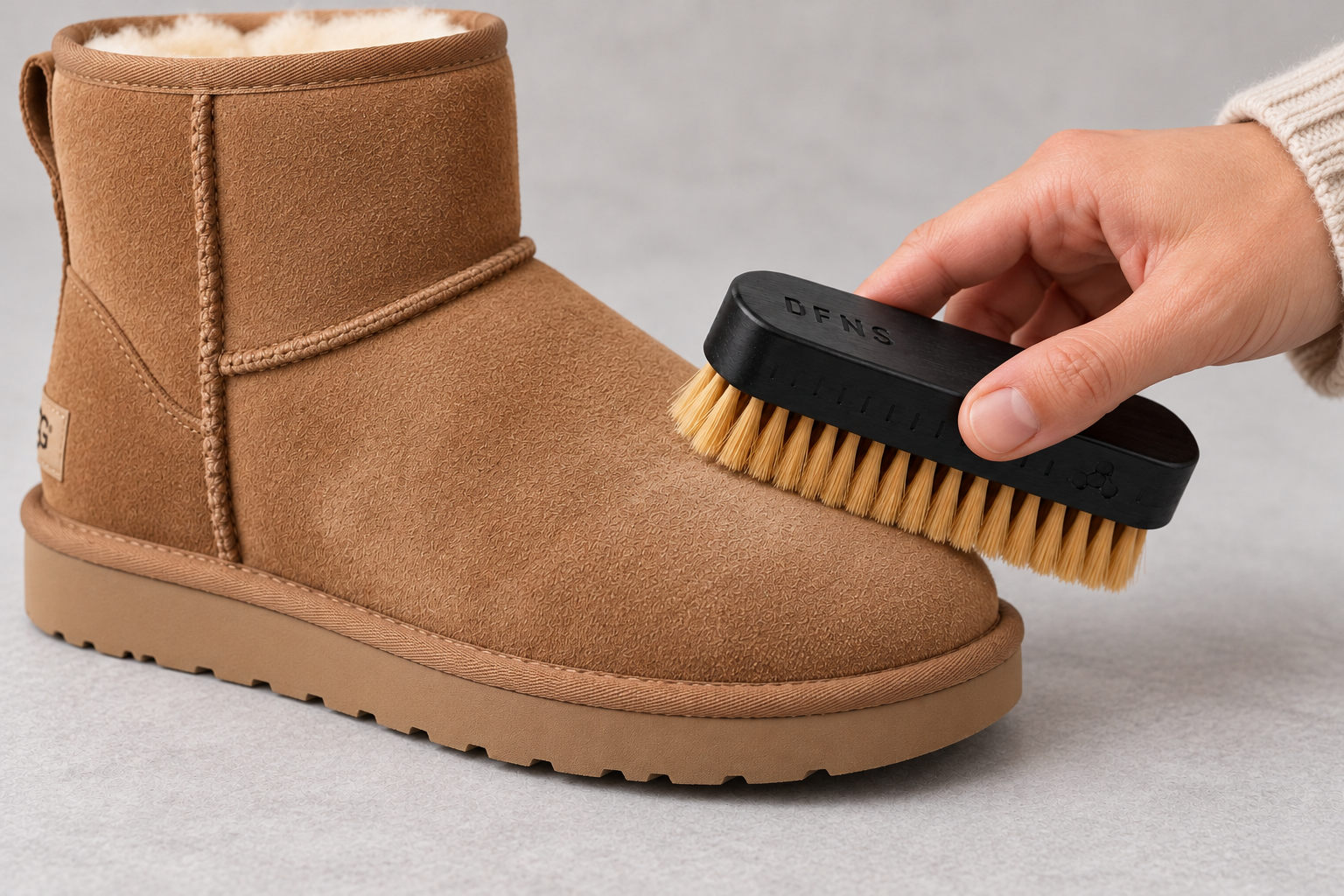 Met een zachte DFNS-borstel droog vuil van een suède UGG-laars borstelen