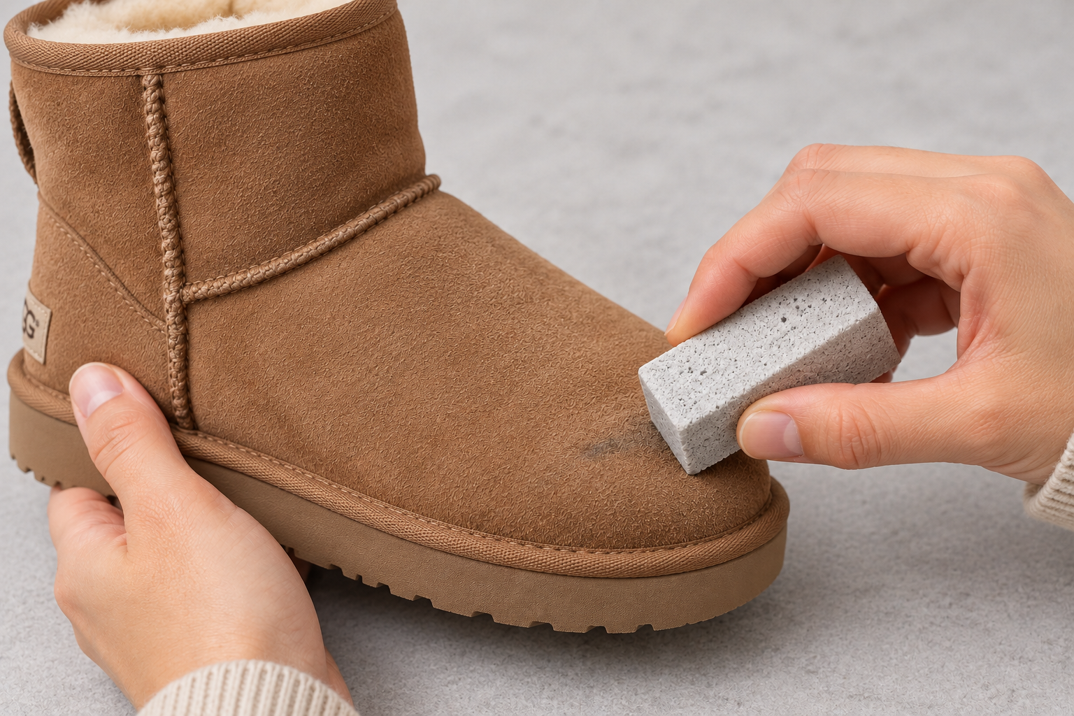 Een vlek op een suède UGG-laars voorzichtig met een suèdegum verwijderen