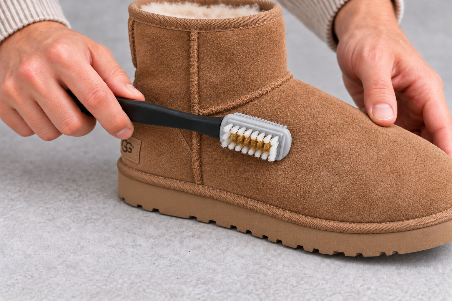 Met een tweezijdige suèdeborstel de vezels van een suède UGG-laars opborstelen
