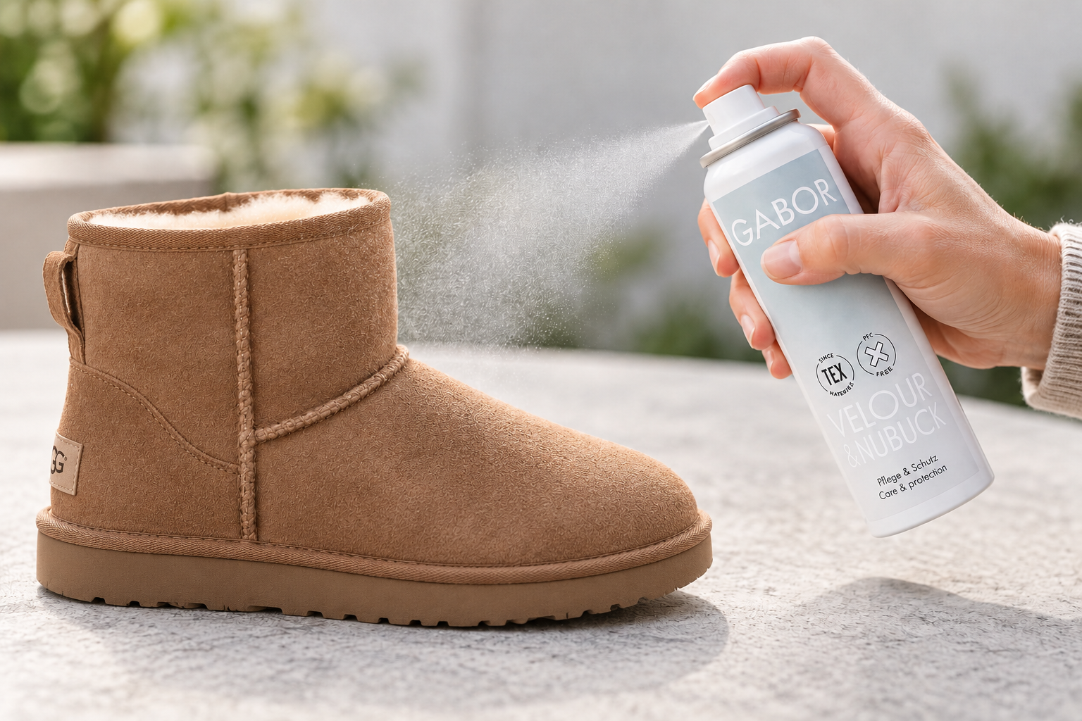 Een suède UGG-laars buiten met de meegeleverde verzorgingsspray behandelen